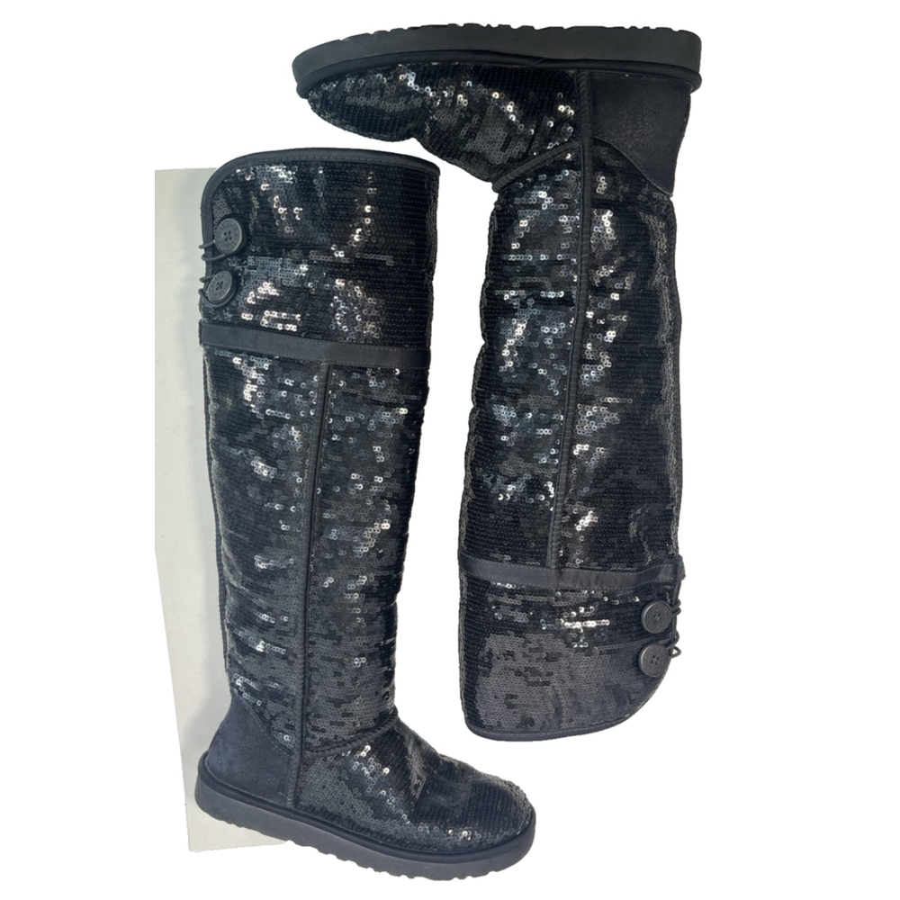 UGG Black Tall Over Knee High Sequin Shearling Button‎ Boots Womens Size 7 Rare - Picture 13 of 16